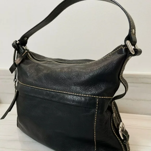 Fossil Black Pebbled Leather Hobo Satchel Tote Bag with Silver Key Charm - Picture 6 of 11